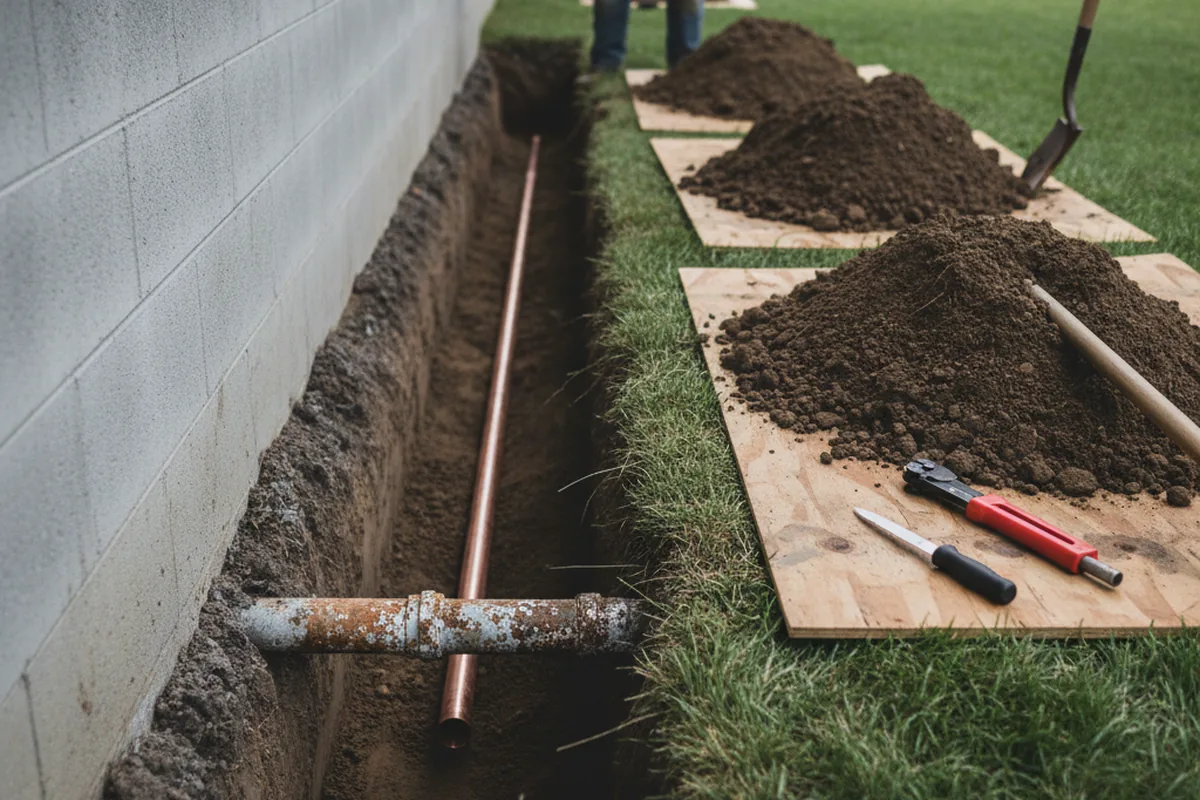 Excavated water line trench during Sewer Line Repair in Wagener